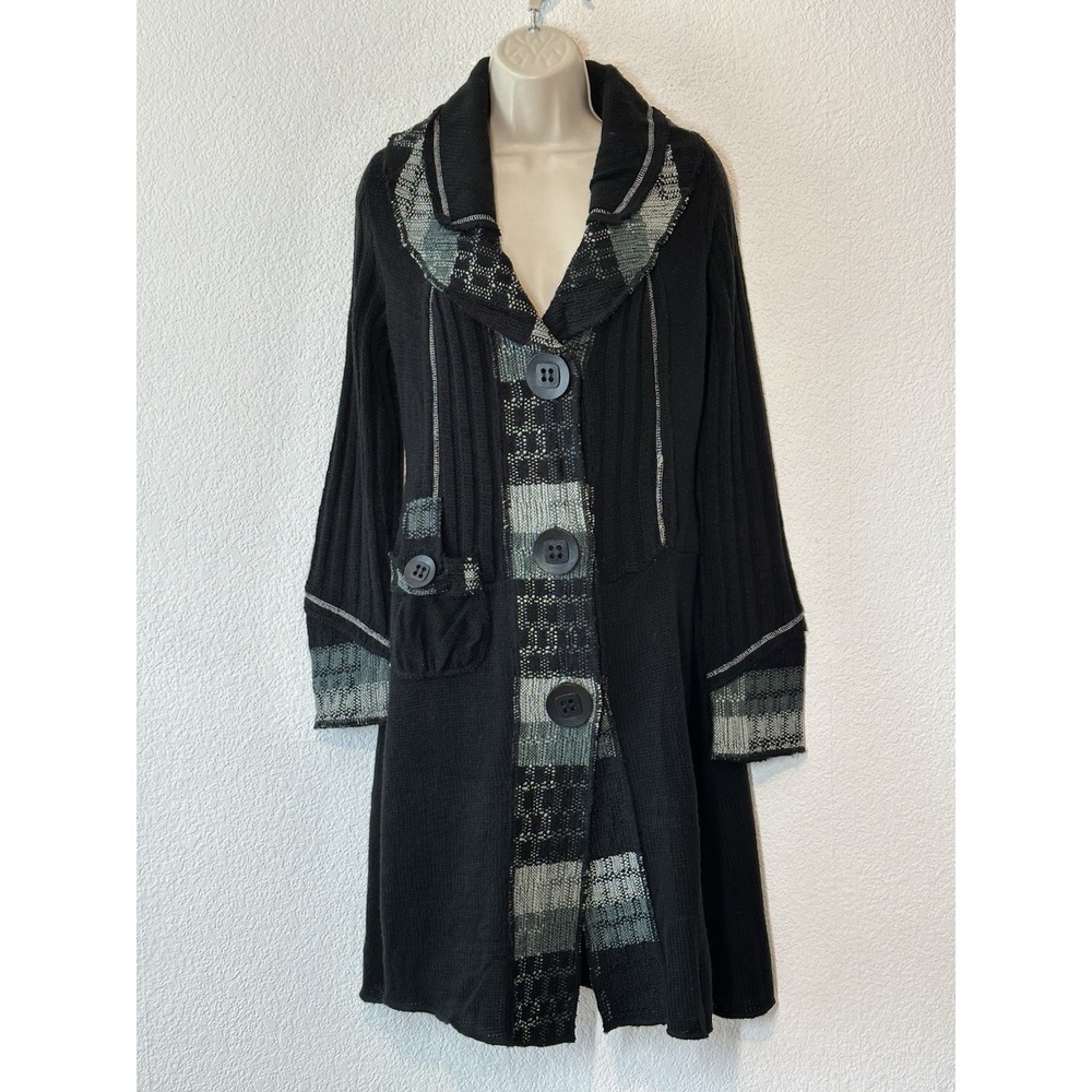 Moka Sport Black Gray Cardigan‎ Sweater Duster Sz M Whimsigoth Artsy Boho